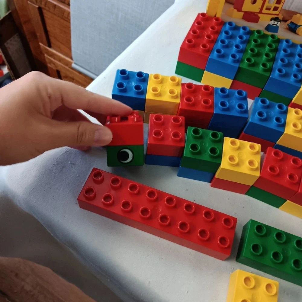 LEGO Duplo Vintage Mixed Lot 55 Pieces Figures Wheels Storage Box Blocks Doors